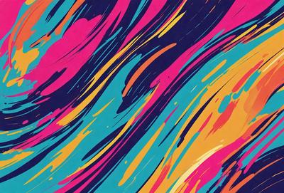 The primary subject of the image is a colorful, abstract design featuring a mix of blue, orange, and yellow colors. The setting is a wall, and the visual style appears to be a combination of digital art and illustration. The dominant colors and overall atmosphere suggest a vibrant and lively mood.
