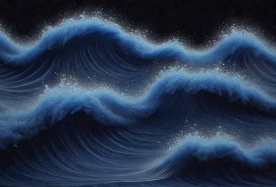 The primary subject of the image is a large wave in the ocean. The wave is depicted in a dark blue color, giving it a dramatic and intense appearance. The setting is the ocean, with the wave being the main focus of the scene. The visual style of the image is a digital art or illustration, as it captures the dynamic nature of the wave. The colors and mood of the image are dark and moody, emphasizing the power and intensity of the ocean wave.