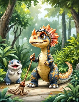 The primary subject of the image is a cartoon dinosaur, specifically a triceratops, standing on a dirt path. The dinosaur is holding a broom and appears to be smiling. The setting is a forest, with trees visible in the background. The visual style is a digital art illustration, giving the image a vibrant and playful atmosphere. The dominant colors are green, brown, and orange, reflecting the natural environment of the forest.
