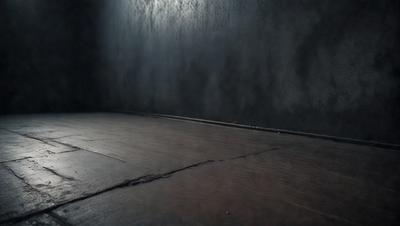 The primary subject of the image is a wooden floor with a black wall in the background. The setting appears to be a dark room, possibly a basement or a room with limited natural light. The visual style of the image is a black and white photo, which adds a sense of drama and contrast to the scene. The colors and mood of the image are predominantly dark and moody, with the black wall and wooden floor creating a sense of mystery and depth.