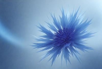 The primary subject of the image is a blue, purple, and white flower with long, thin petals. The flower is set against a blue background, which adds to the overall mood of the image. The visual style of the image is a combination of photo and digital art, creating a unique and eye-catching representation of the flower. The colors and mood of the image are predominantly blue and purple, giving it a calm and serene atmosphere.
