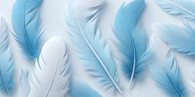The primary subject of the image is a collection of white and blue feathers. The feathers are arranged in a visually appealing manner, creating a sense of depth and dimension. The setting is a white surface, which provides a clean and uncluttered backdrop for the feathers. The visual style of the image is a combination of photo and digital art, as it captures the intricate details of the feathers while maintaining a sense of realism. The colors and mood of the image are predominantly white and