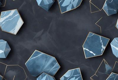 The primary subject of the image is a collection of blue and white geometric shapes, which are arranged in a circular pattern. The setting is a dark background, which contrasts with the bright colors of the shapes. The visual style appears to be a combination of digital art and illustration, creating a unique and eye-catching design. The dominant colors are blue and white, giving the image a calm and soothing atmosphere.