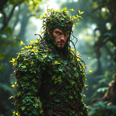 The primary subject of the image is a man dressed in a costume with a plant-like appearance, resembling a plant or a tree. He is standing in a forest, surrounded by trees and greenery. The visual style of the image is a combination of photo and digital art, creating a unique and intriguing scene. The colors and mood of the image are predominantly green, with a sense of mystery and fantasy.