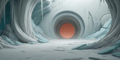 The primary subject of the image is a large, white, and blue tunnel. The tunnel is located in a snowy environment, with a rocky background. The visual style of the image is digital art, and the dominant colors are white, blue, and pink. The overall atmosphere of the image is cold and mysterious, with the tunnel appearing to be a passageway to another world.
