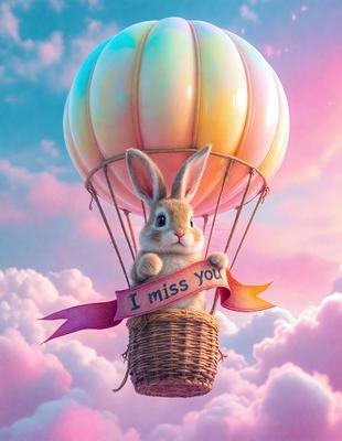 The primary subject of the image is a cute bunny sitting in a basket that is attached to a hot air balloon. The setting is a cloudy sky, and the visual style appears to be a digital art or illustration. The dominant colors in the image are pink and white, creating a warm and cheerful atmosphere.