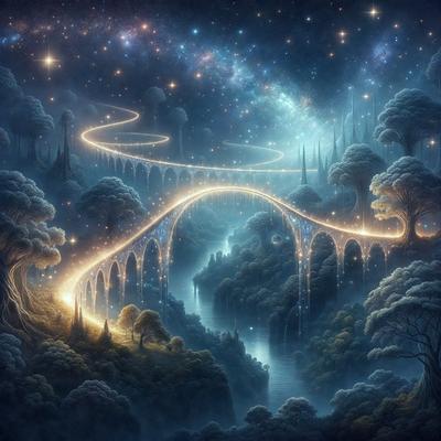 The primary subject of the image is a bridge that is lit up by a starry night sky. The bridge is surrounded by a forest, and there are trees on both sides of the bridge. The setting is a nighttime scene with a starry sky, creating a serene and magical atmosphere. The visual style is a digital art or illustration, showcasing the artist's creativity and skill in depicting the bridge and its surroundings. The colors and mood of the image are predominantly dark and mo