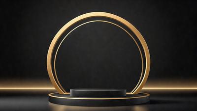 The primary subject of the image is a large, golden ring. The ring is placed on a black surface, which serves as the setting or background. The visual style of the image is a combination of photo and digital art, creating a unique and eye-catching design. The dominant colors in the image are gold and black, giving the ring a luxurious and elegant appearance.