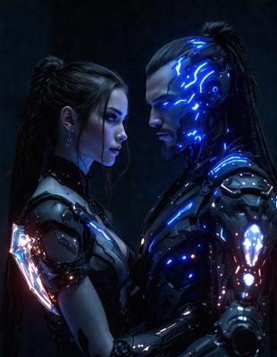 The primary subject of the image is a man and a woman standing close to each other. They are both wearing futuristic, cyberpunk-style outfits, which include blue and silver elements. The setting appears to be a dark, futuristic environment, possibly a nightclub or a similar venue. The visual style of the image is a combination of photo and digital art, creating a unique and captivating atmosphere. The dominant colors in the image are blue and silver, which contribute to the futuristic and
