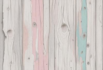The primary subject of the image is a wooden plank with a pink and white striped pattern. The setting is a wooden wall, and the visual style is a close-up of the wooden plank. The colors and mood of the image are predominantly pink and white, giving it a warm and inviting atmosphere.