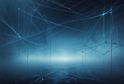 The primary subject of the image is a blue, star-filled sky. The setting is a dark, cloudy night with a few stars visible. The visual style is a digital art or illustration, creating a surreal and dreamy atmosphere. The colors and mood are predominantly dark and moody, with the blue sky and stars providing a sense of depth and mystery.