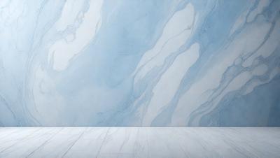 The primary subject of the image is a marble wall with a blue and white pattern. The setting is a room with a white floor, and the visual style is a photo. The dominant colors are blue and white, creating a calm and sophisticated atmosphere.