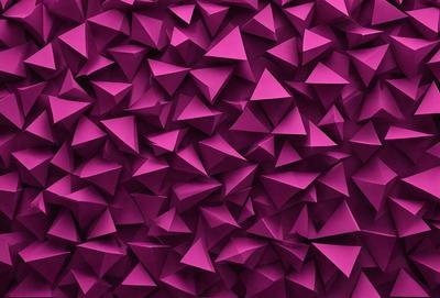 The primary subject of the image is a large, purple wall covered in a pattern of triangles. The setting is a room with a purple background, and the visual style appears to be a combination of a photo and digital art. The dominant colors are purple and pink, creating a warm and inviting atmosphere.