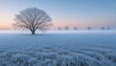 The primary subject of the image is a tree in a snowy field. The setting is a frozen landscape with a tree and a few other trees in the background. The visual style is a photo, capturing the beauty of the snow-covered field and the tree. The colors and mood of the image are predominantly white, with a cold and serene atmosphere.