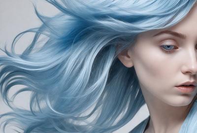 The primary subject of the image is a woman with blue hair. She has long, flowing hair and is looking at the camera. The setting is a white background, which provides a clean and minimalistic look. The visual style is a close-up of the woman's face, emphasizing her unique hair color. The colors and mood of the image are predominantly blue, giving it a cool and modern feel.