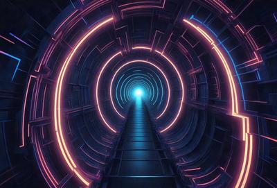 The primary subject of the image is a tunnel with a blue light illuminating it. The tunnel appears to be a futuristic, high-tech structure, possibly a space station or a subway system. The setting is a dark, enclosed space, and the visual style is a combination of photo and digital art. The dominant colors are blue and pink, creating a unique and captivating atmosphere.