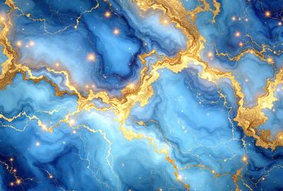 The primary subject of the image is a blue and gold swirling pattern, which appears to be a digital art or illustration. The setting is a blue and gold background, creating a visually striking contrast. The visual style is a combination of digital art and illustration, with the gold and blue colors creating a vibrant and luminous atmosphere.
