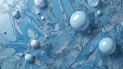 The primary subject of the image is a blue marble surface with white bubbles floating on it. The setting is a blue background, and the visual style appears to be a photo. The dominant colors are blue and white, creating a calm and serene atmosphere.