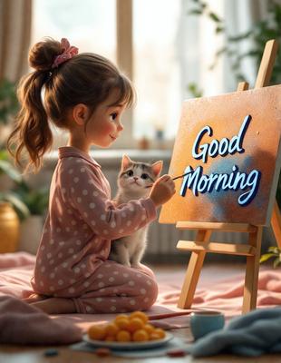 The primary subject of the image is a young girl sitting on a bed, painting a picture of a cat. The setting is a cozy bedroom, and the visual style appears to be a combination of a photo and digital art. The colors and mood of the image are warm and inviting, with the girl and the cat being the main focus of the scene.