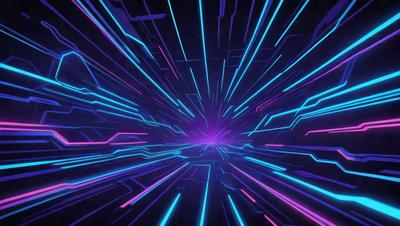 The primary subject of the image is a brightly colored, neon-lit tunnel. The setting is a futuristic environment, with a purple background and a blue tunnel. The visual style is a digital art or illustration, creating a vibrant and dynamic atmosphere. The dominant colors are purple and blue, with the neon lights adding a sense of excitement and movement to the scene.