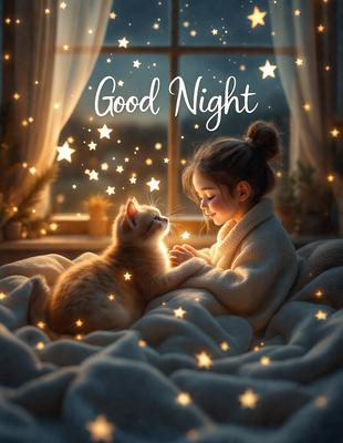 The primary subject of the image is a young girl sitting on a bed, petting a cat. The setting is a cozy bedroom, with a window nearby. The visual style is a combination of photo and digital art, creating a warm and inviting atmosphere. The dominant colors are white and orange, with the white bed and orange cat creating a sense of comfort and relaxation.