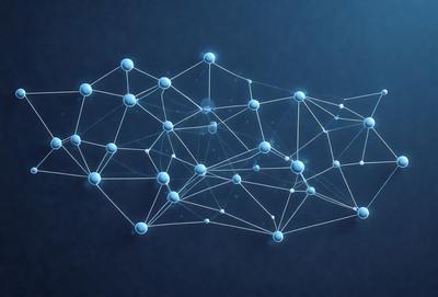 The primary subject of the image is a blue, three-dimensional structure made up of interconnected lines and spheres. The setting is a dark blue background, which contrasts with the bright blue structure. The visual style is a combination of digital art and illustration, creating a unique and intricate design. The colors and mood of the image are predominantly blue, giving it a calm and serene atmosphere.