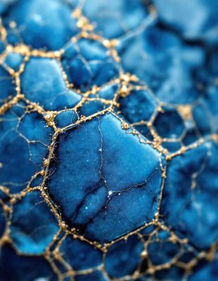 The primary subject of the image is a close-up of a blue marble with gold veins. The setting is a blue background, and the visual style appears to be a photo. The dominant colors are blue and gold, creating a striking and elegant appearance. The overall atmosphere of the image is one of beauty and sophistication.