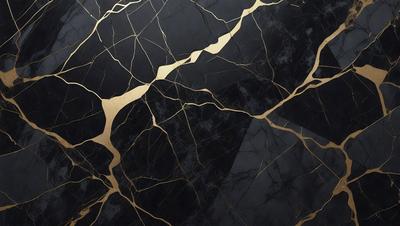 The primary subject of the image is a black and gold marble countertop. The setting is a kitchen, with the countertop being the main focus of the scene. The visual style is a close-up of the marble countertop, showcasing its intricate patterns and textures. The dominant colors are black and gold, creating a luxurious and elegant atmosphere.