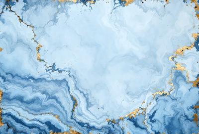 The primary subject of the image is a blue and gold marbled surface, which appears to be a piece of art or a decorative item. The setting is a blue and gold marbled wall, and the visual style is a combination of digital art and illustration. The dominant colors in the image are blue and gold, creating a rich and luxurious atmosphere.
