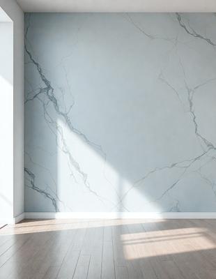 The primary subject of the image is a marble wall with a white background. The setting is a room with a wooden floor. The visual style is a photo of a marble wall, showcasing the natural texture and patterns of the material. The colors and mood of the image are predominantly white and neutral, creating a clean and elegant atmosphere.