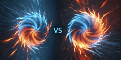 The image features two blue spiral designs, one on the left and the other on the right. The blue spirals are surrounded by orange flames, creating a visually striking contrast between the two colors. The overall atmosphere of the image is dynamic and captivating, with the spirals and flames drawing the viewer's attention.
