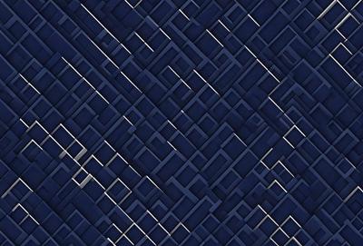 The primary subject of the image is a blue and black patterned surface, which appears to be a blue and black checkered tile. The setting is a dark room, and the visual style is a close-up of the tile. The colors and mood of the image are dark and moody, with the blue and black tiles creating a sense of depth and intricacy.