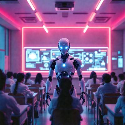The primary subject of the image is a robot, which is standing in a classroom setting. The robot is positioned in the center of the room, surrounded by several chairs and people. The visual style of the image is digital art, with the robot and the classroom environment being depicted in a detailed and realistic manner. The colors and mood of the image are predominantly blue and pink, creating a futuristic and vibrant atmosphere.