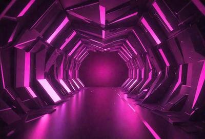 The primary subject of the image is a tunnel-like structure with a pink lighting effect. The setting is a dark room, and the visual style appears to be a combination of digital art and illustration. The dominant colors are pink and purple, creating a warm and inviting atmosphere.