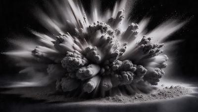 The primary subject of the image is a large, white, powdery substance, possibly a cloud of flour or a dust explosion. The setting is a dark background, which contrasts with the white powder. The visual style appears to be a photo, as the image captures the powdery substance in motion. The colors and mood of the image are predominantly dark, with the white powder being the main focus and creating a dramatic and intense atmosphere.