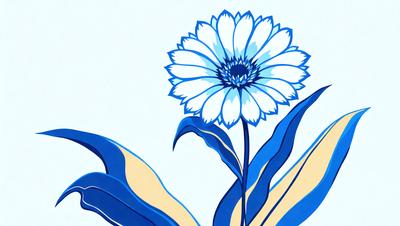 The primary subject of the image is a single blue and white flower, which is the focal point of the scene. The setting is a white background, which provides a clean and minimalist look. The visual style is a combination of digital art and illustration, creating a unique and artistic representation of the flower. The dominant colors are blue and white, giving the image a calm and serene atmosphere.