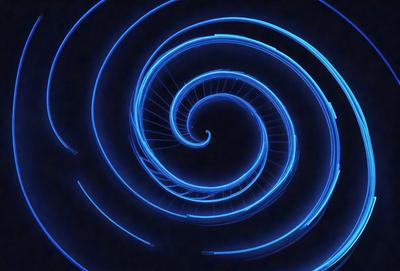The primary subject of the image is a spiral pattern, which is a blue, circular design. The setting is a dark background, which contrasts with the bright blue spiral. The visual style is a digital art or illustration, as the spiral appears to be a part of a larger design or pattern. The colors and mood of the image are predominantly blue, creating a calm and serene atmosphere.