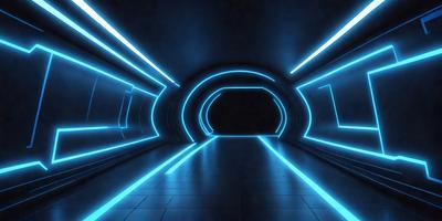 The primary subject of the image is a tunnel with a blue light illuminating it. The setting is a dark, enclosed space, and the visual style is a digital art or illustration. The dominant colors are blue and black, creating a moody and futuristic atmosphere.