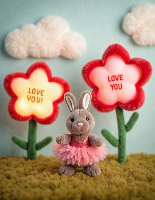 The primary subject of the image is a small stuffed bunny rabbit, which is wearing a pink dress and standing in front of two fake flowers. The setting is a grassy area, and the visual style appears to be a combination of a photo and digital art. The colors are predominantly pink and white, creating a warm and cheerful atmosphere.