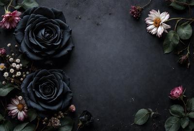 Primary subject: Two black roses.
Setting/background: A dark background.
Visual style: A photo.
Colors and mood: The black roses create a dramatic and moody atmosphere.