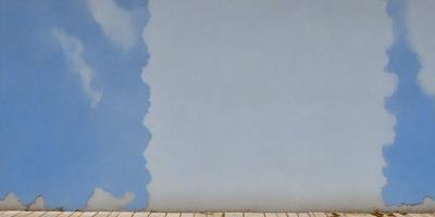 The primary subject of the image is a person standing in front of a wall. The setting is an outdoor environment, with a blue sky visible in the background. The visual style appears to be a combination of a photo and a drawing, creating a unique and artistic representation of the scene. The colors and mood of the image are predominantly blue, giving it a calm and serene atmosphere.