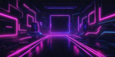 The primary subject of the image is a futuristic room with purple neon lights and a black background. The room features a large purple square in the center, which appears to be a window or a door. The setting is a futuristic environment, possibly a space station or a high-tech facility. The visual style of the image is a combination of digital art and illustration, creating a vibrant and futuristic atmosphere. The dominant colors in the image are purple and black, which contribute to the overall m