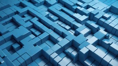 The primary subject of the image is a blue, three-dimensional grid made up of blue blocks. The setting is a blue background, and the visual style is a digital art or illustration. The dominant colors are blue, and the overall atmosphere is a mix of modern and futuristic.
