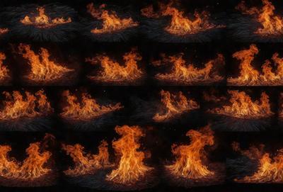 The primary subject of the image is a fire, which is depicted in various forms and sizes throughout the scene. The setting is a dark background, which contrasts with the fire's brightness. The visual style is a combination of digital art and illustration, creating a dynamic and engaging scene. The colors and mood are predominantly warm and intense, with the fire's flames and the dark background creating a dramatic and captivating atmosphere.