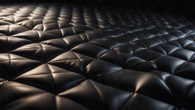 The primary subject of the image is a black leather couch with a black and white pattern. The setting is a room with a black background, and the visual style is a close-up of the couch. The colors and mood of the image are predominantly black, giving it a sleek and modern appearance.