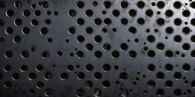The primary subject of the image is a metal surface with numerous holes in it. The setting is a dark room, and the visual style appears to be a combination of a photo and a pattern. The dominant colors are black and silver, creating a moody atmosphere.