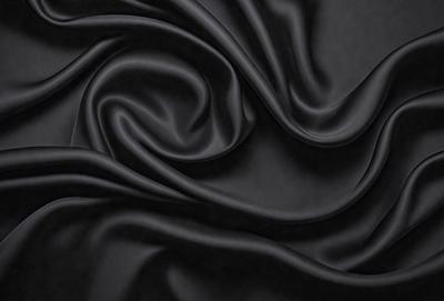 The primary subject of the image is a close-up of a black fabric, possibly a piece of clothing or a curtain. The setting is a dark background, which emphasizes the fabric's texture and pattern. The visual style appears to be a photo, as it captures the details of the fabric. The colors and mood of the image are predominantly dark, with the black fabric being the main focus.
