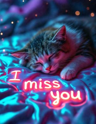 The primary subject of the image is a cat sleeping on a bed. The cat is lying on a pink and blue blanket, which is placed on a bed. The setting is a cozy and comfortable environment, with the cat appearing relaxed and at ease. The visual style of the image is a combination of photo and digital art, creating a unique and eye-catching scene. The dominant colors in the image are pink and blue, which contribute to a warm and inviting atmosphere.
