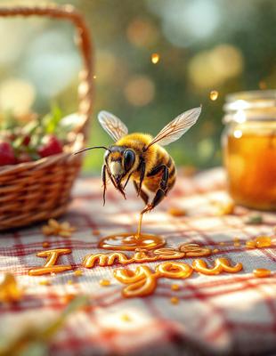 The primary subject of the image is a bee, which is flying over a table with a basket of fruit. The setting is an outdoor environment, with a table and a basket of fruit visible. The visual style is a photo, capturing the bee in action. The colors and mood of the image are vibrant and lively, with the bee and the fruit creating a sense of freshness and natural beauty.