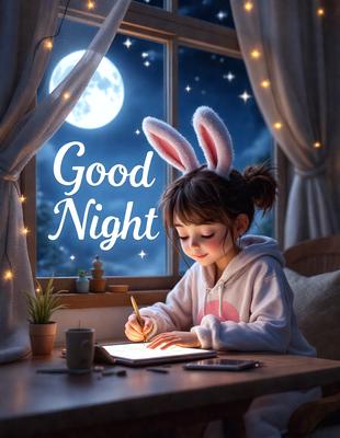 The primary subject of the image is a young girl sitting at a desk, writing on a notebook. She is wearing a hoodie and bunny ears, giving her a playful and cute appearance. The setting is a room with a window, and the visual style is a digital art illustration. The colors are predominantly pink and white, creating a warm and cheerful atmosphere.